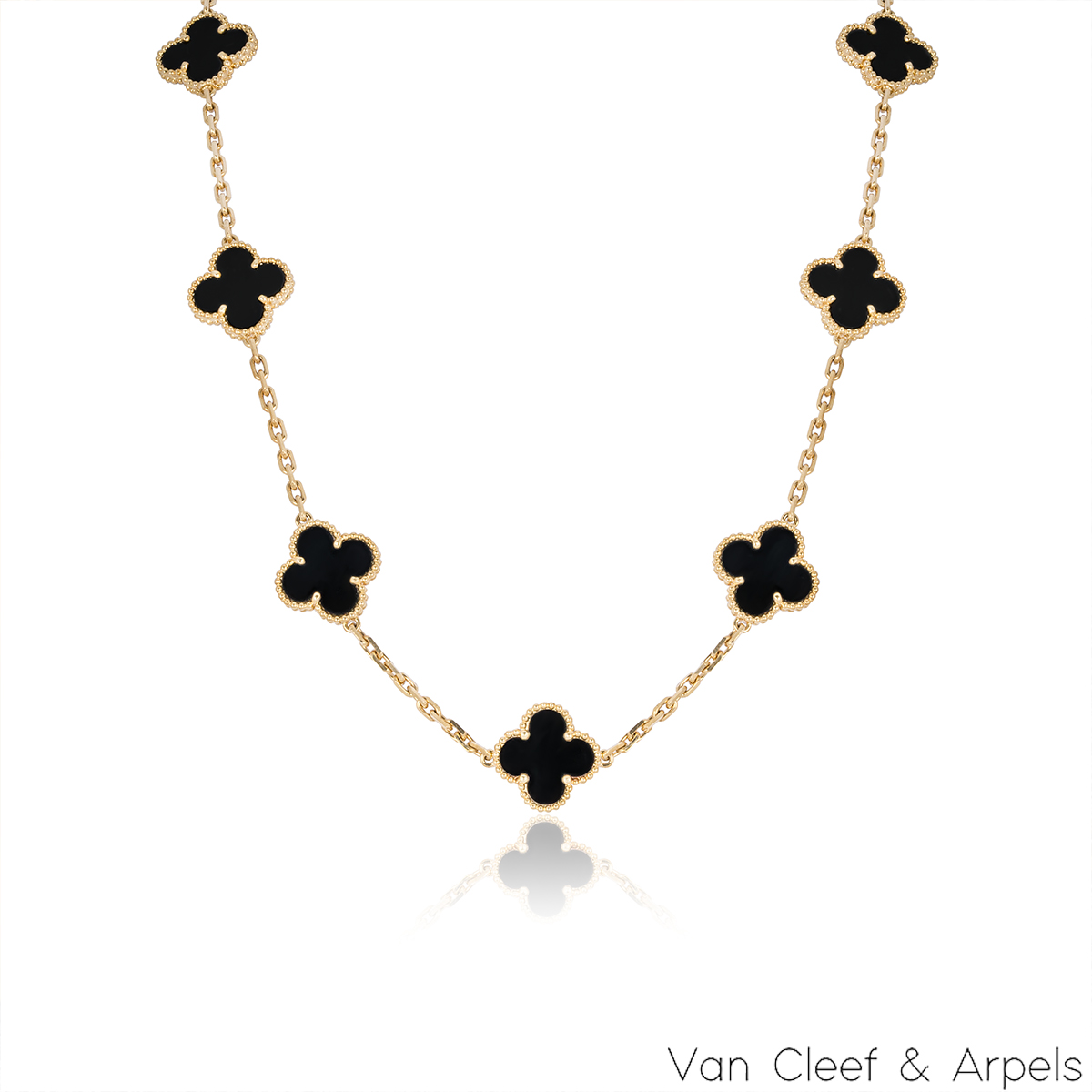 Van Cleef & Arpels Yellow Gold Onyx Vintage Alhambra 10 Motif Necklace VCARA42700